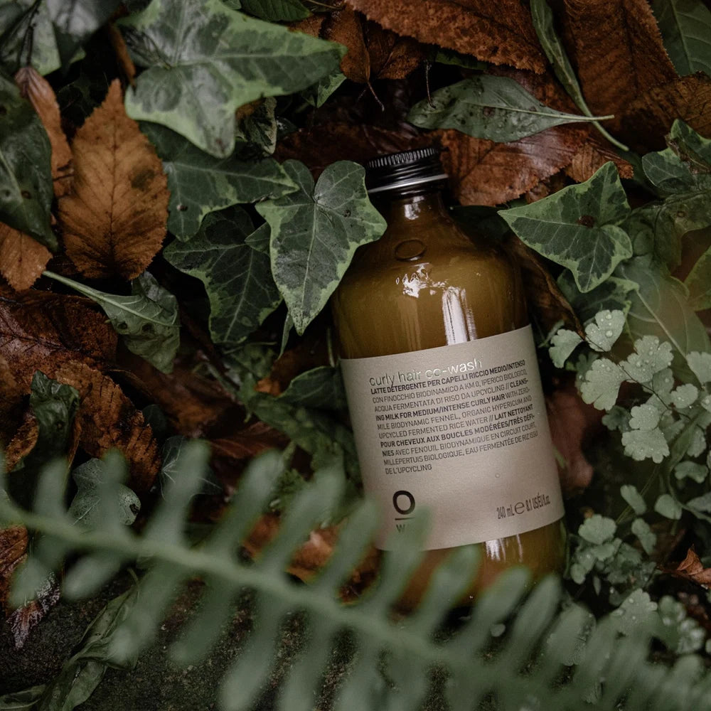 Oway Curly Hair Co-Wash bottle photographed among green foliage