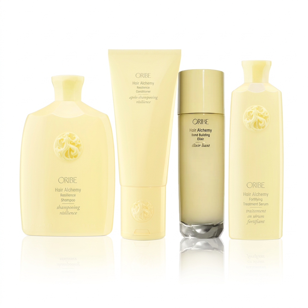 Oribe Hair Alchemy Heat-Styling Routine with Resilience Shampoo, Conditioner, Bond Building Elixir and Fortifying Treatment Serum.