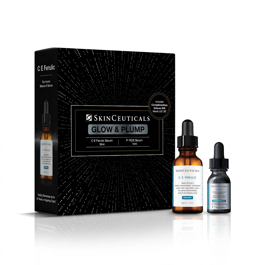 SkinCeuticals Glow & Plump gift box with C E Ferulic 30ml and complimentary P-TIOX Serum 15ml