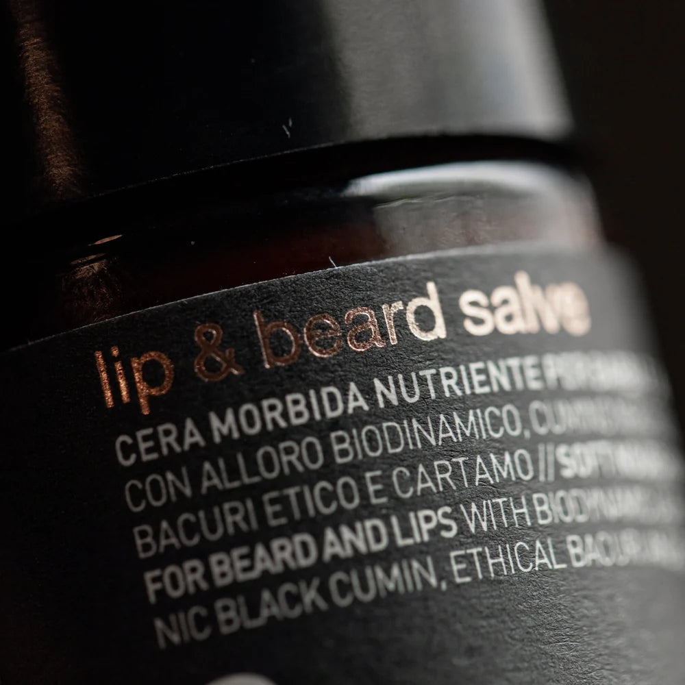 Close-up of the Oway Lip & Beard Salve jar label