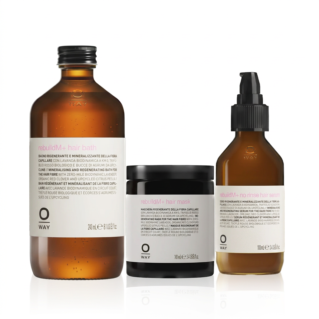 Oway RebuildM+ Routine with RebuildM+ Hair Bath 240ml, RebuildM+ Hair Mask 160ml, RebuildM+ No-Rinse Hair Serum 100ml