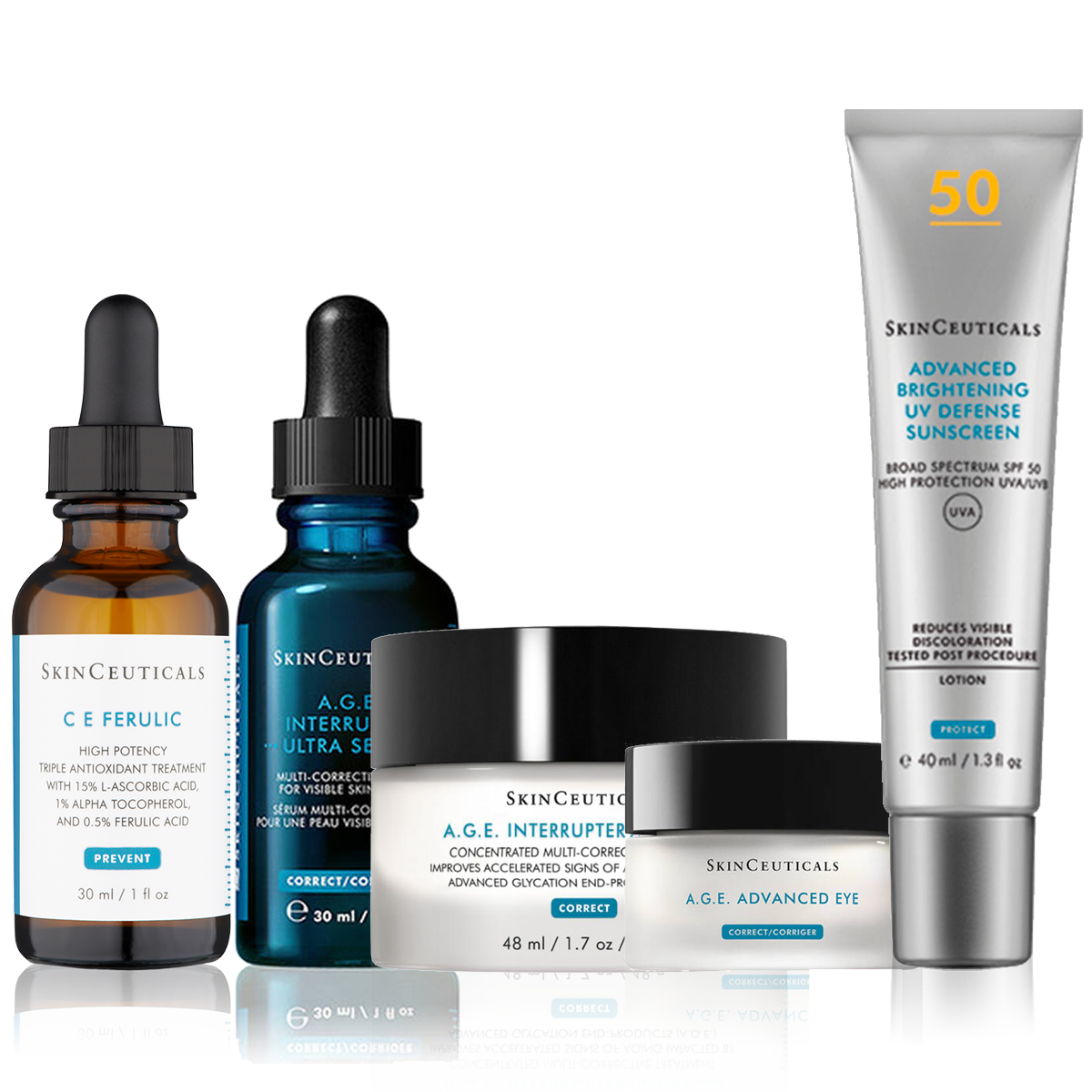SkinCeuticals C E Ferulic, A.G.E Interrupter Ultra Serum, A.G,E Interrupter Advanced, A.G.E Advanced Eye & Advanced Brightening UV Defense