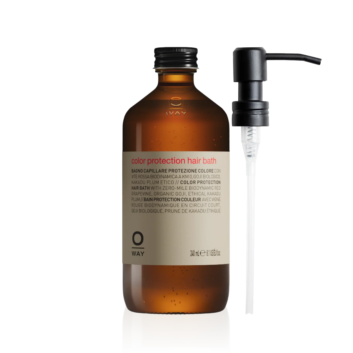 Oway Color Protection Hair Bath 240ml in an amber glass bottle with a black screw cap with metal pump dispenser