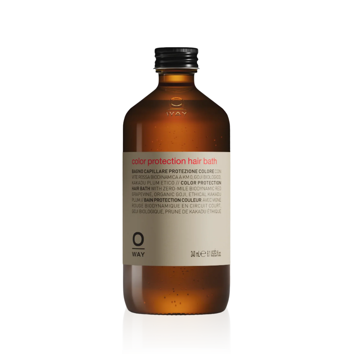 Oway Color Protection Hair Bath 240ml in an amber glass bottle with a black screw cap