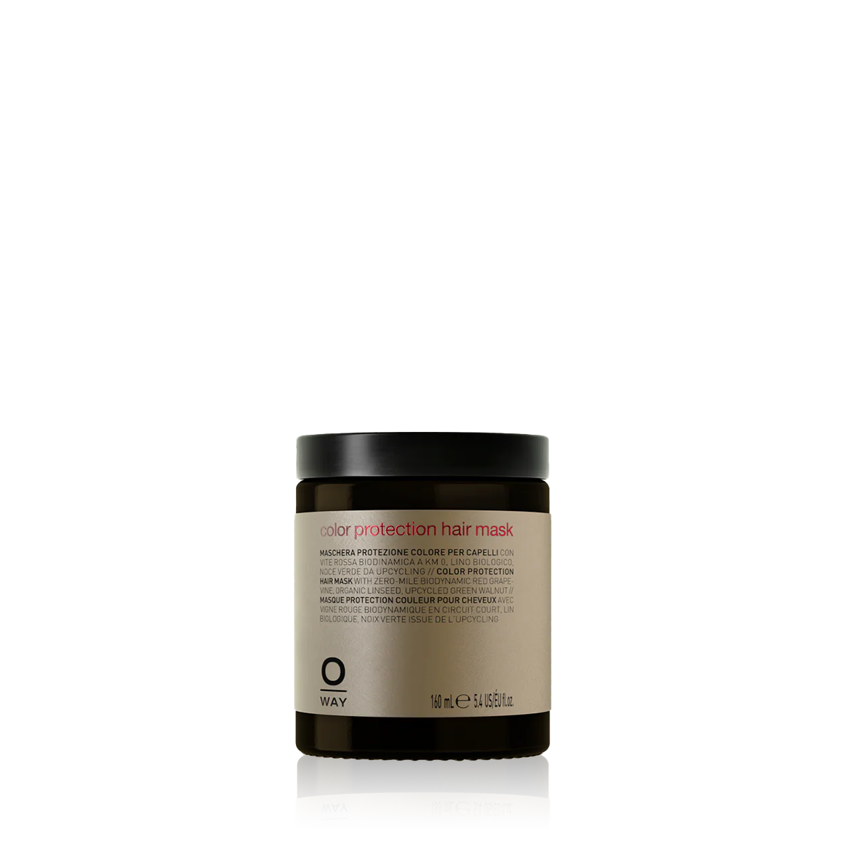 Oway Color Protection Hair Mask in an amber glass jar with a black lid