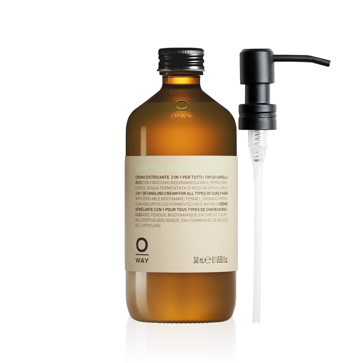 Oway Curly Hair Combing Cream 240ml amber glass bottle and Oway metal dispenser