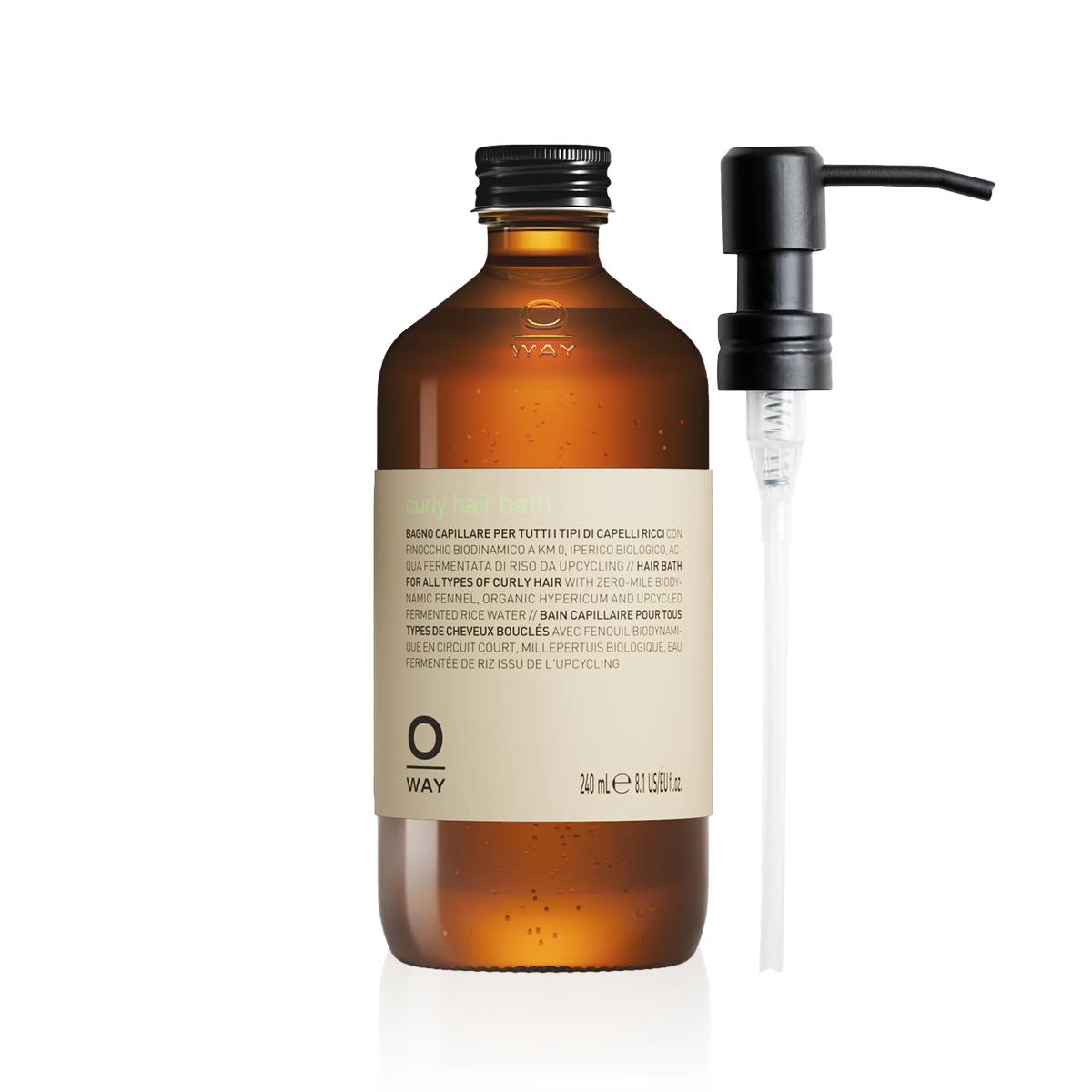 Oway Curly Hair Bath 240ml in an amber glass bottle with a black screw cap and metal pump despenser