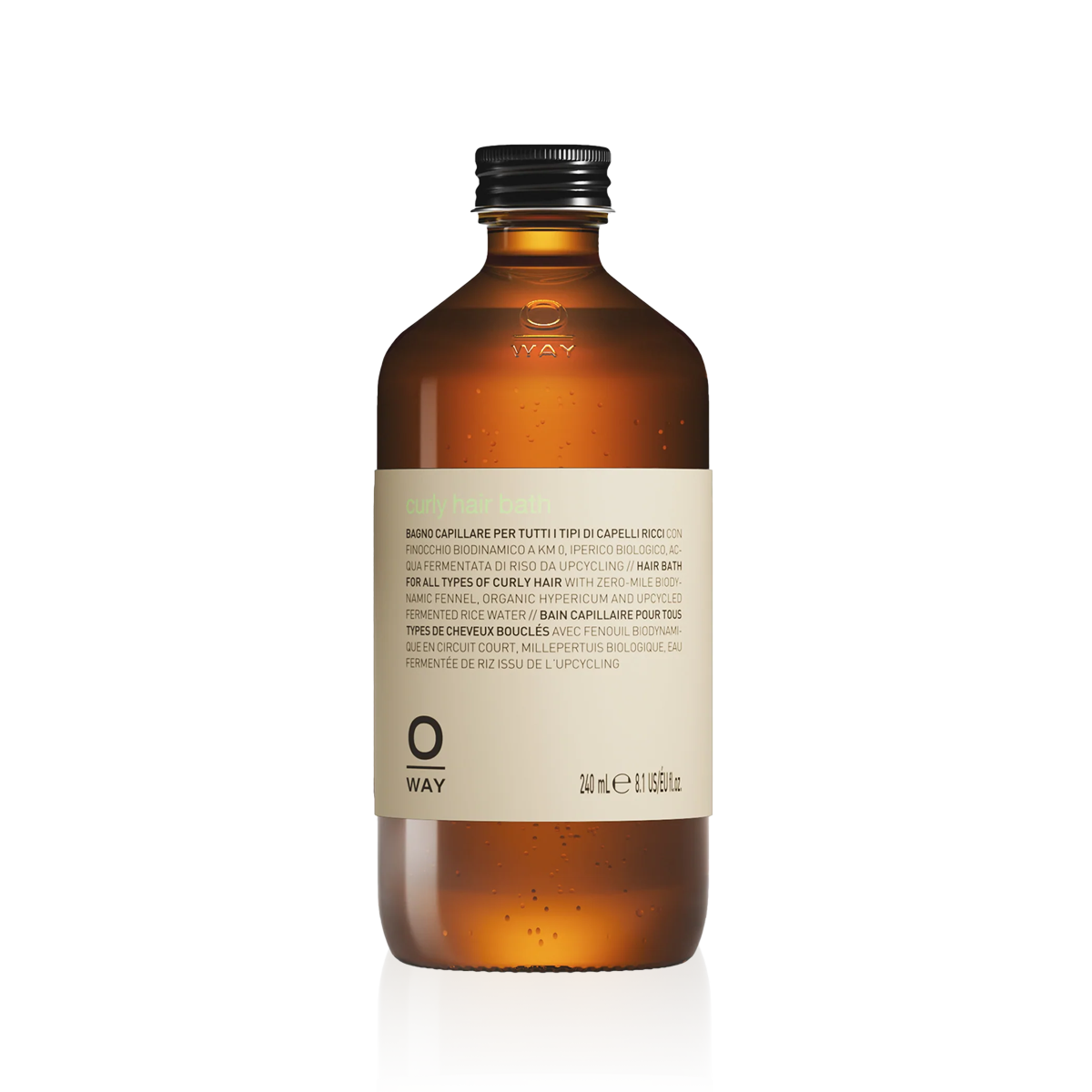 Oway Curly Hair Bath 240ml in an amber glass bottle with a black screw cap