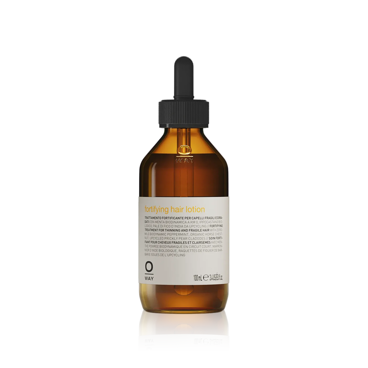 Oway Fortifying Hair Lotion 100ml in an amber glass dropper bottle