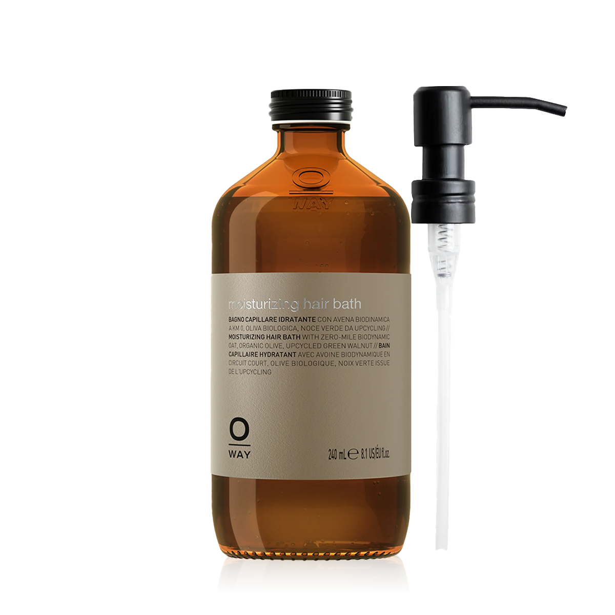 Oway Moisturising Hair Bath 240ml amber glass bottle with a black screw cap with metal pump despenser
