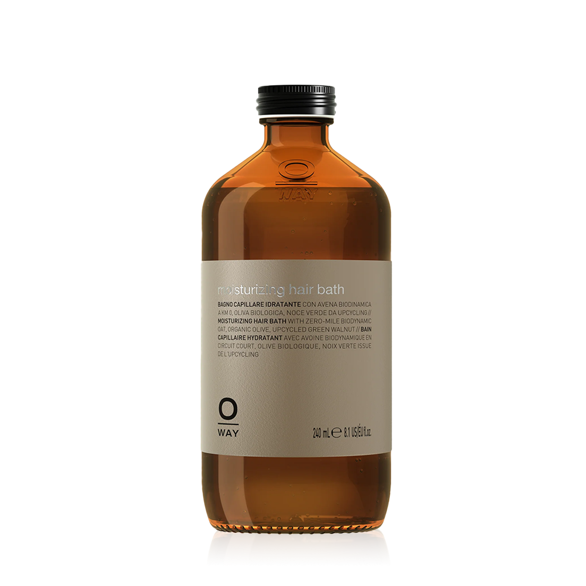 Oway Moisturising Hair Bath 240ml amber glass bottle with a black screw cap