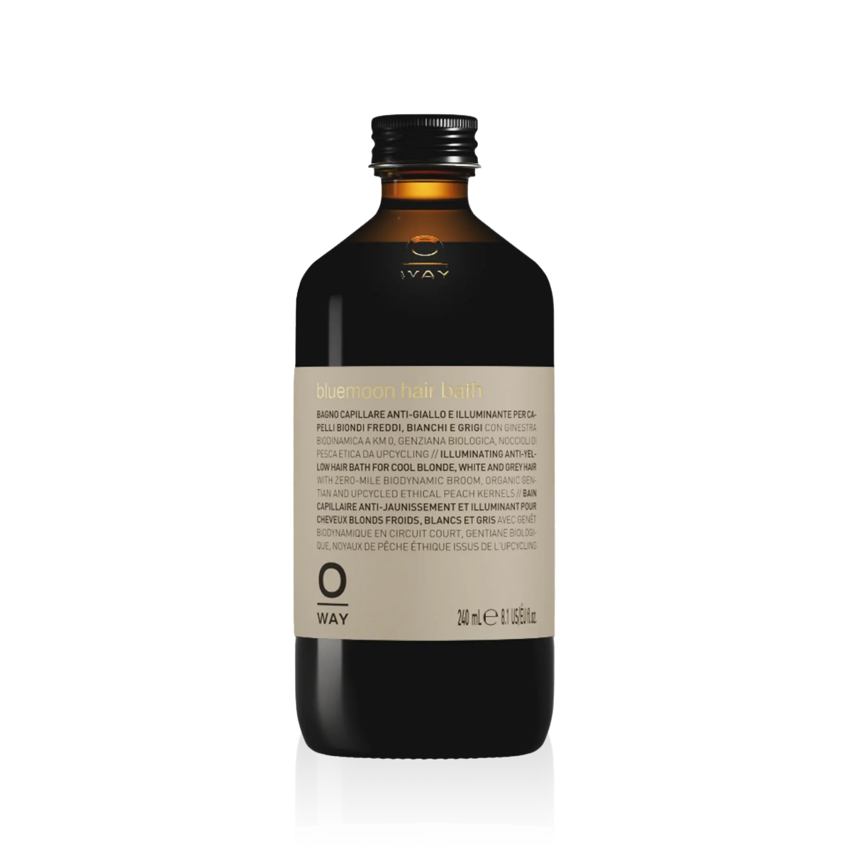 Oway Blondeway Bluemoon Hair Bath 240ml in a dark amber glass bottle