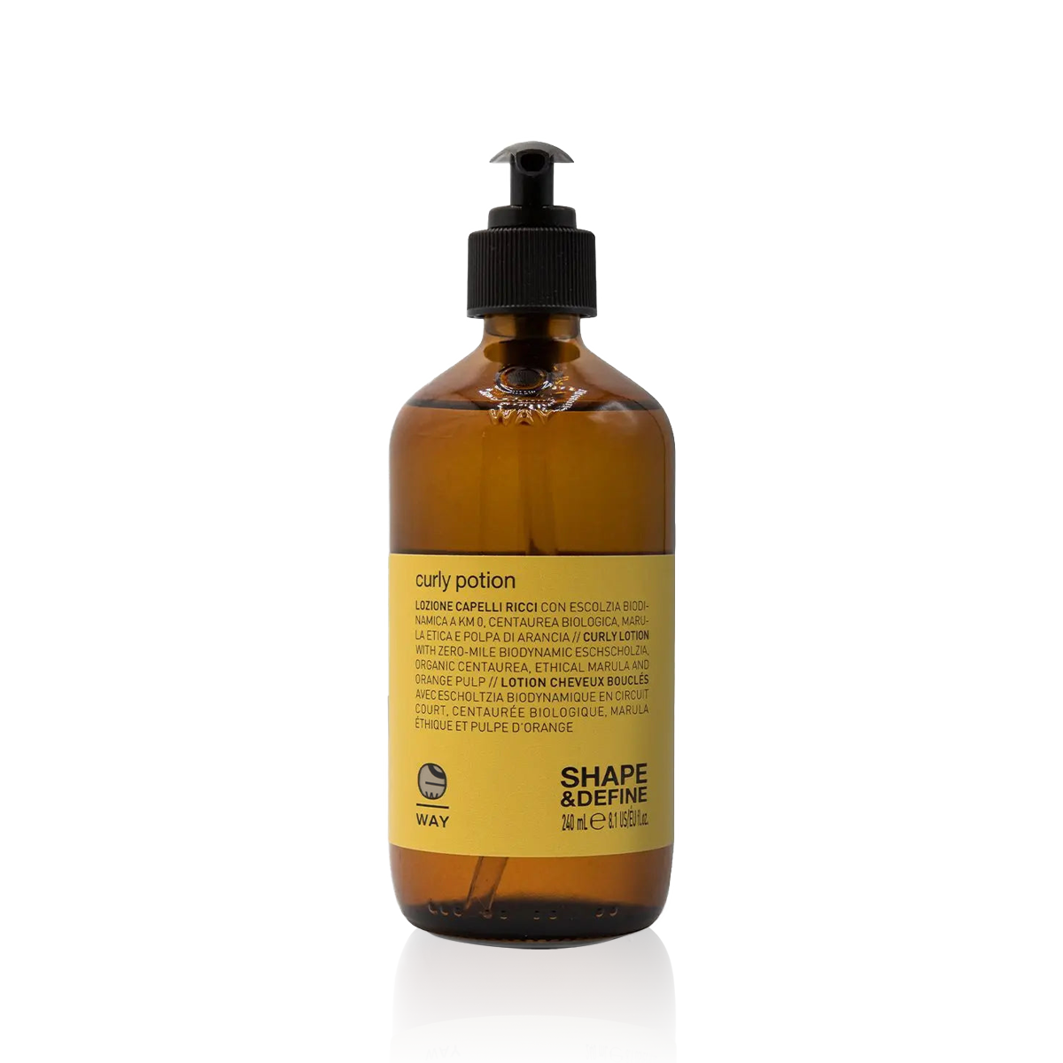 Oway Curly Potion 240ml curl-defining hair lotion in an amber glass pump bottle
