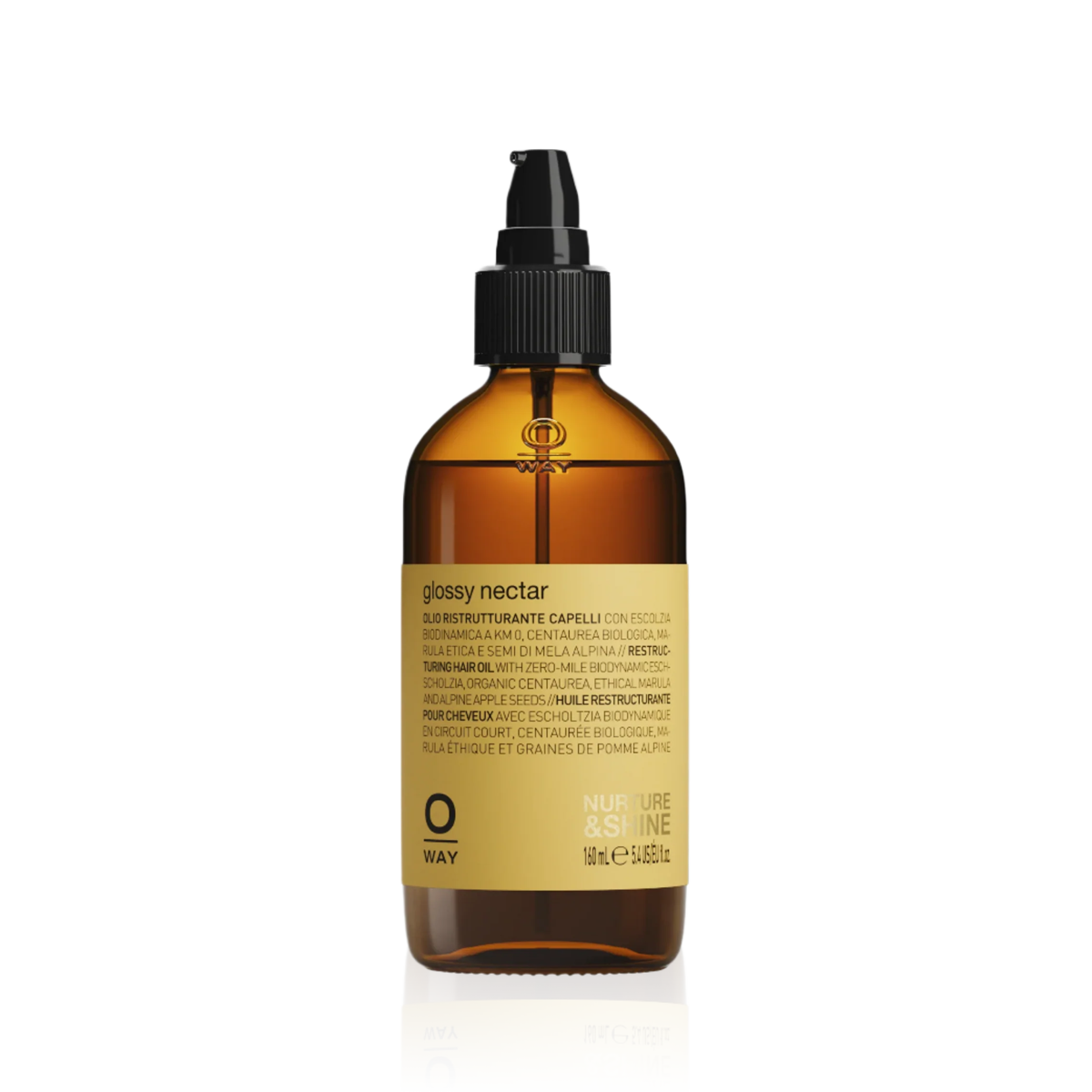 Oway Glossy Nectar 160ml amber glass bottle with black pump and yellow label