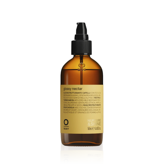 Oway Glossy Nectar 160ml amber glass bottle with black pump and yellow label
