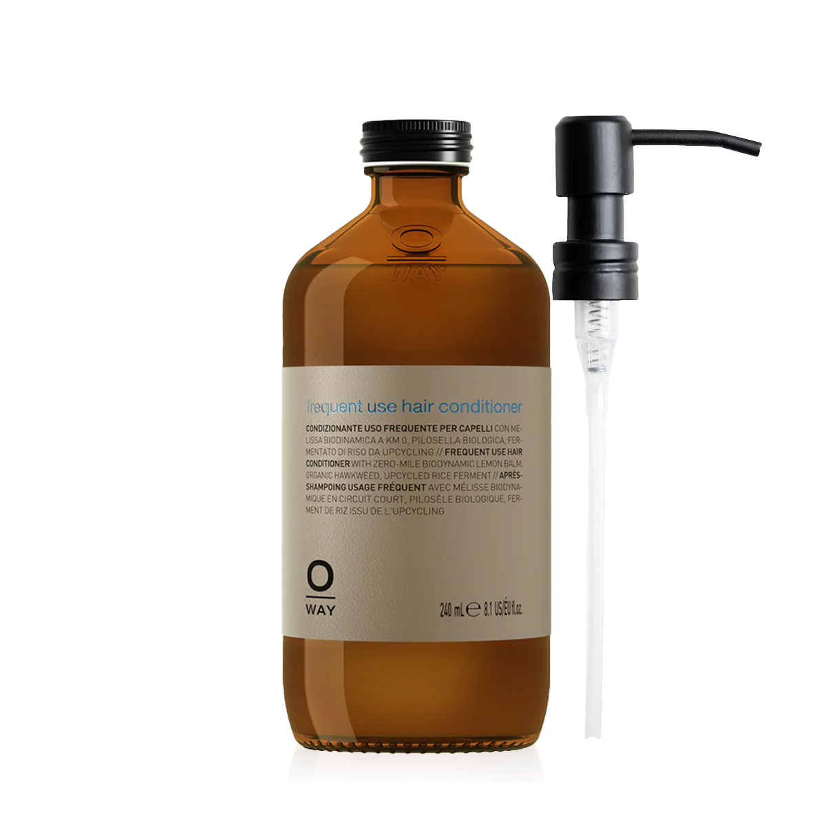 Oway Frequent Use Conditioner 240ml amber glass bottle with a black screw cap with metal pump dispenser
