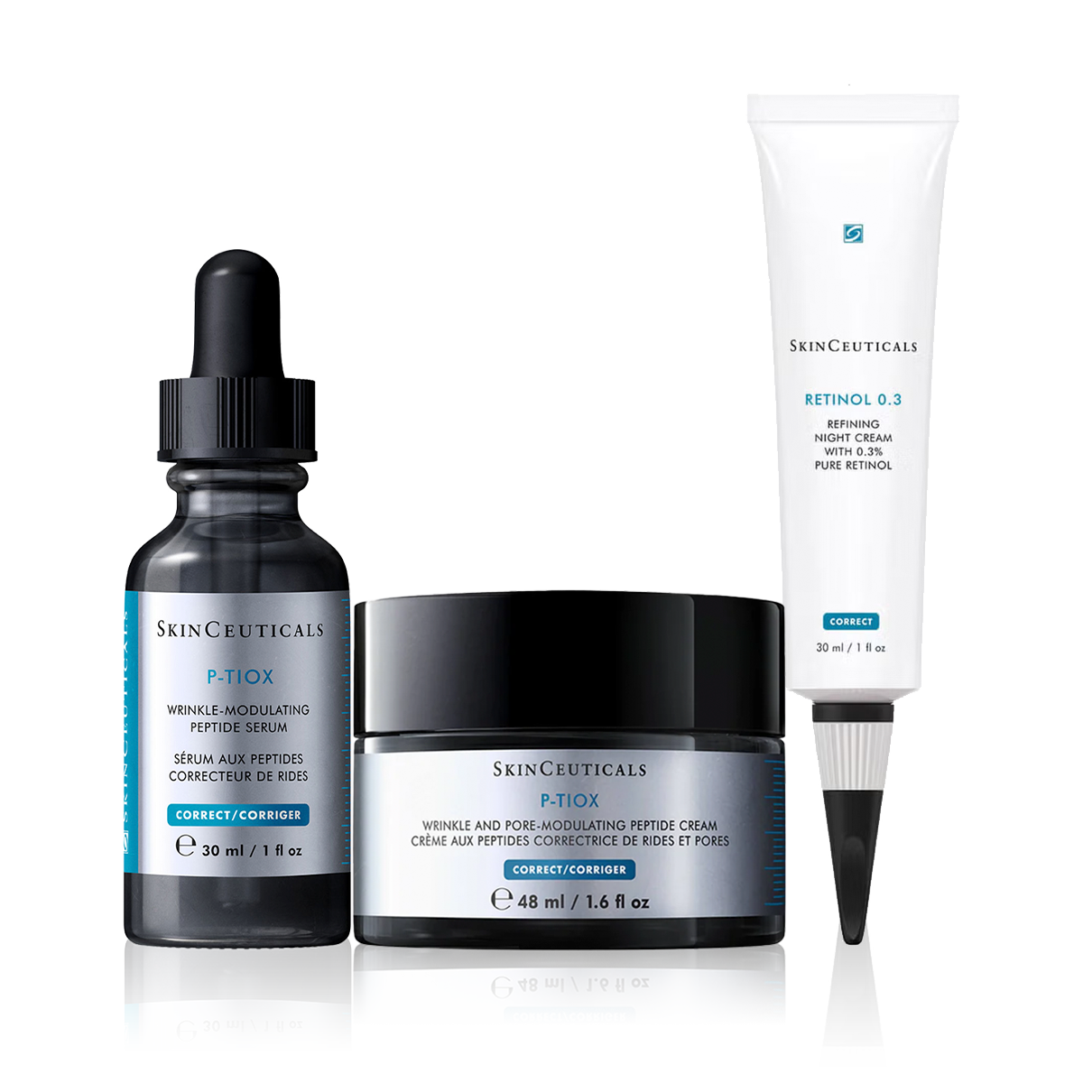 SkinCeuticals P-TIOX Serum, P-TIOX Cream and Retinol 0.3 evening skincare routine
