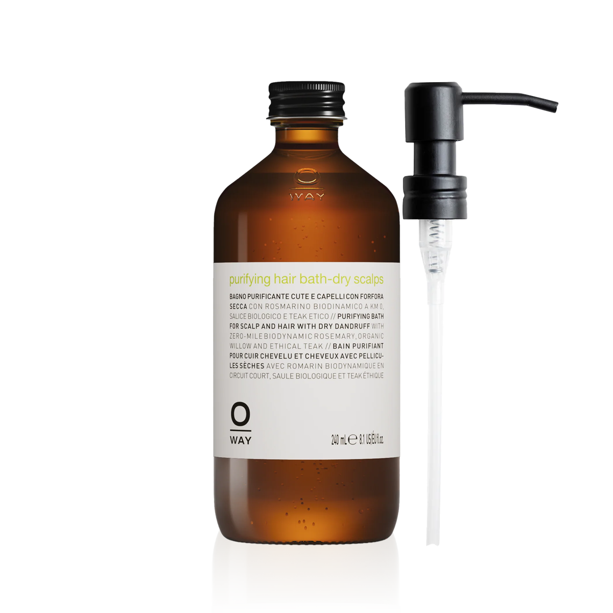 Oway Purifying Hair Bath – Dry Scalp 240ml in an amber glass bottle and metal dispenser