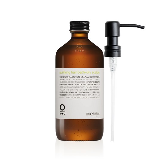Oway Purifying Hair Bath – Dry Scalp 240ml in an amber glass bottle and metal dispenser
