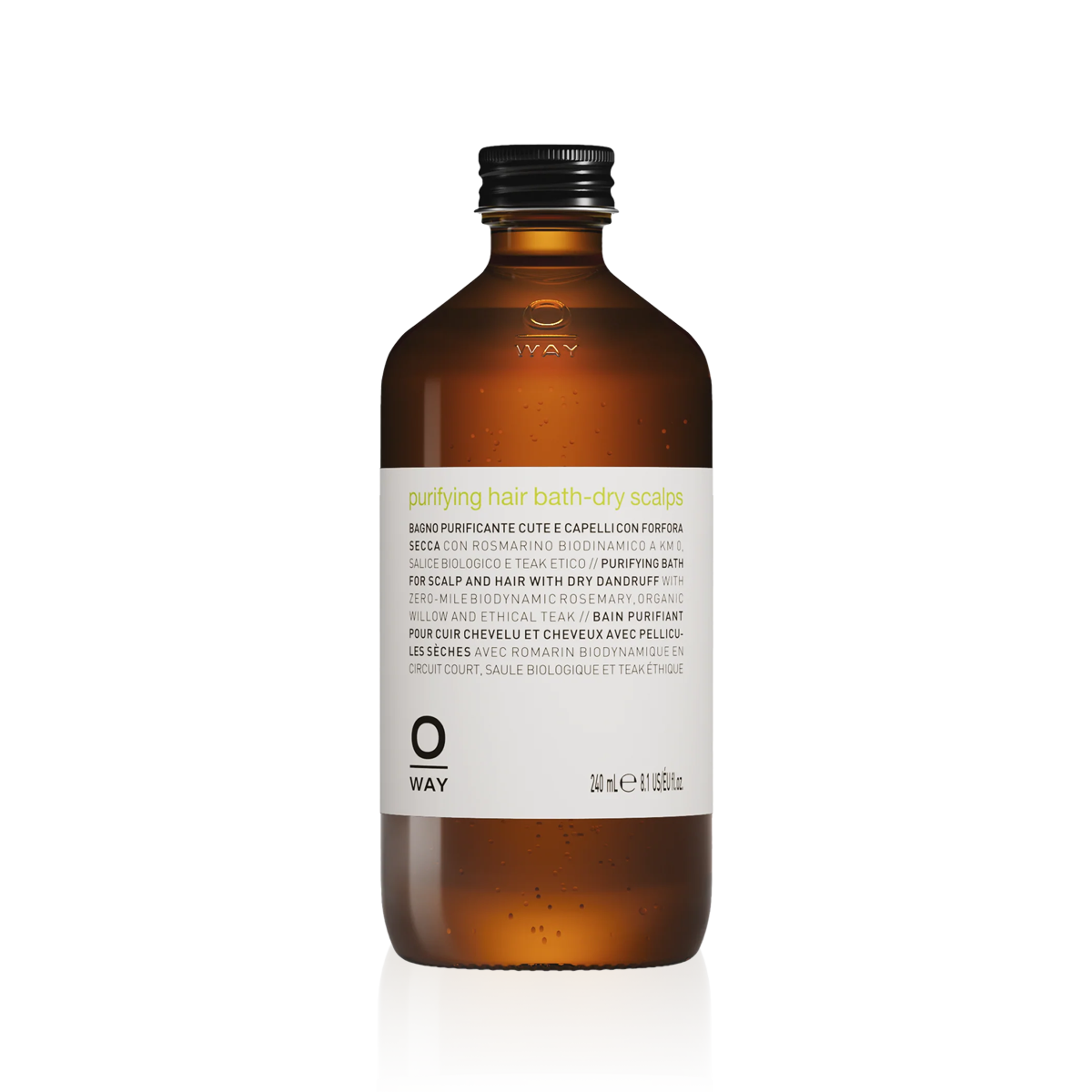 Oway Purifying Hair Bath – Dry Scalp 240ml in an amber glass bottle