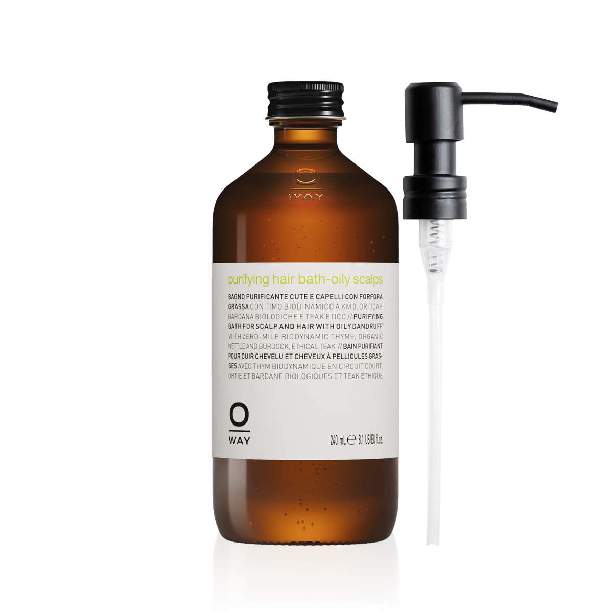 Oway Purifying Hair Bath for oily scalps in an amber glass bottle with metal dispenser