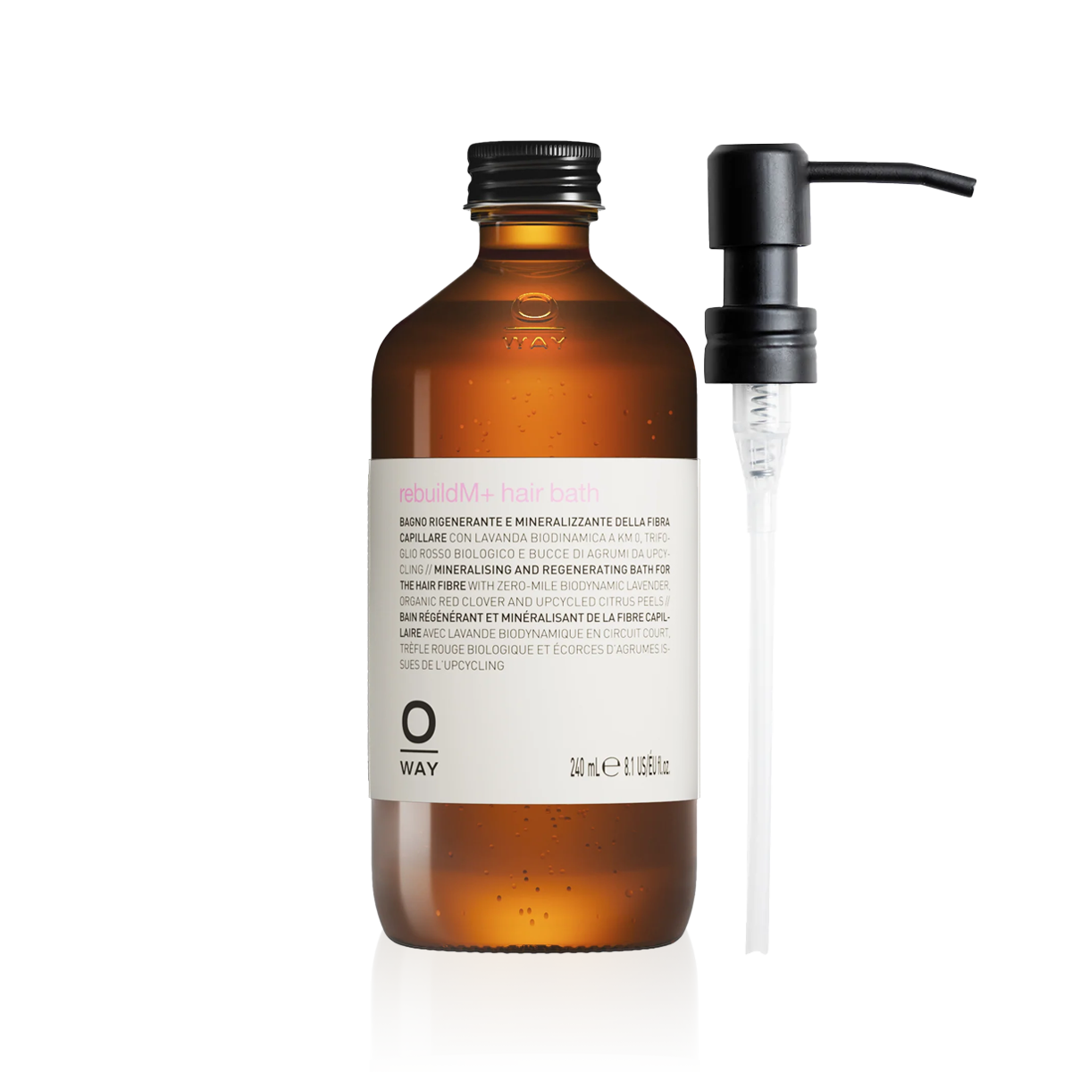 Oway RebuildM+ Hair Bath 240ml amber glass bottle with metal dispenser
