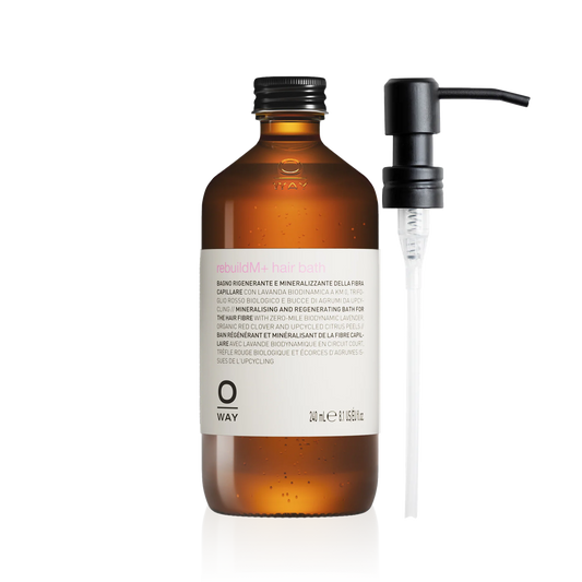 Oway RebuildM+ Hair Bath 240ml amber glass bottle with metal dispenser