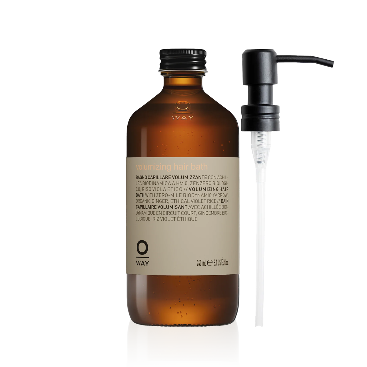 Oway Volumising Hair Bath 240ml amber glass bottle with a black screw cap with metal pump dispenser