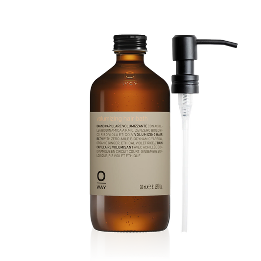 Oway Volumising Hair Bath 240ml amber glass bottle with a black screw cap with metal pump dispenser