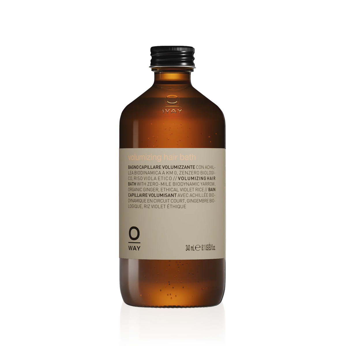 Oway Volumising Hair Bath 240ml amber glass bottle with a black screw cap