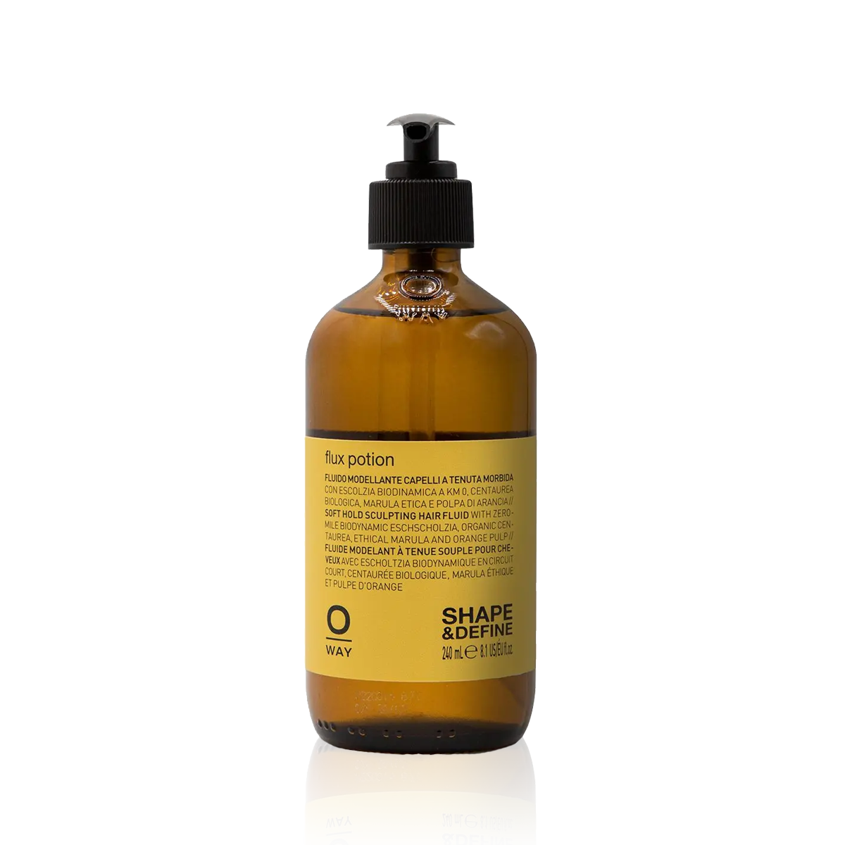Oway Flux Potion 240ml amber glass bottle with a yellow label and black pump
