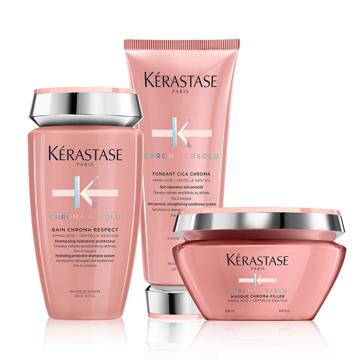 Kérastase Chroma Absolu Bain Respect Shampoo - 250ml, Strengthening Fondant - 200ml and Mask - 200ml Bundle