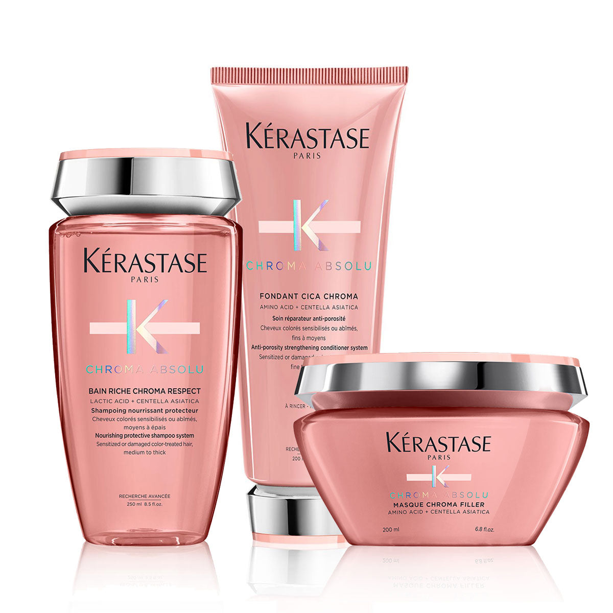Kérastase Chroma Absolu Bain Riche Shampoo 250ml, Strengthening Fondant 200ml and Mask 200ml Bundle