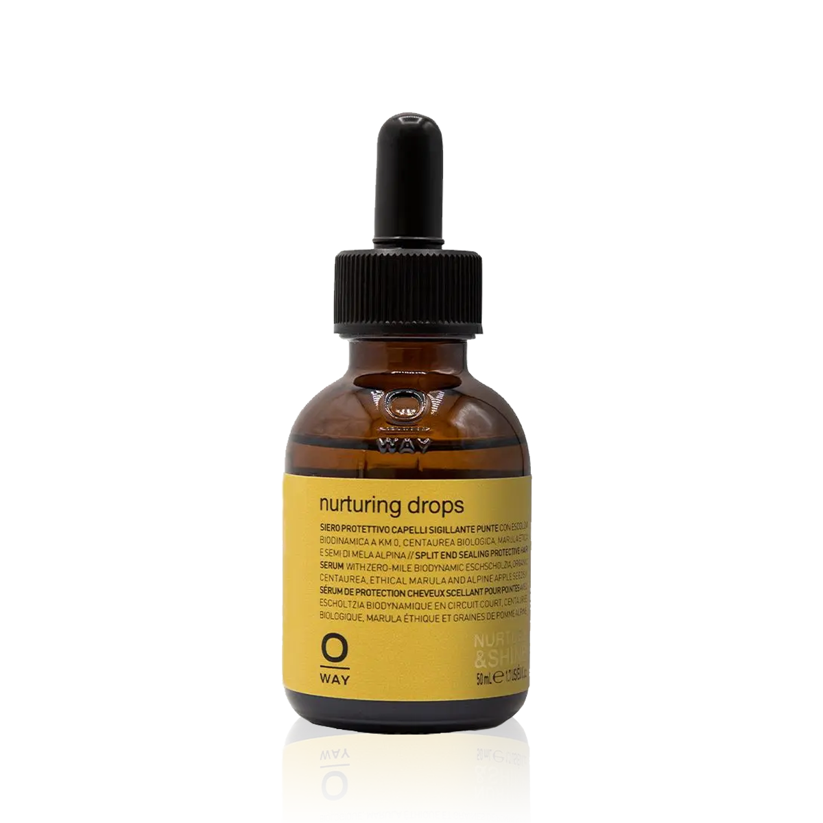 Oway Nurturing Drops 50ml in an amber glass bottle with a yellow label and black dropper