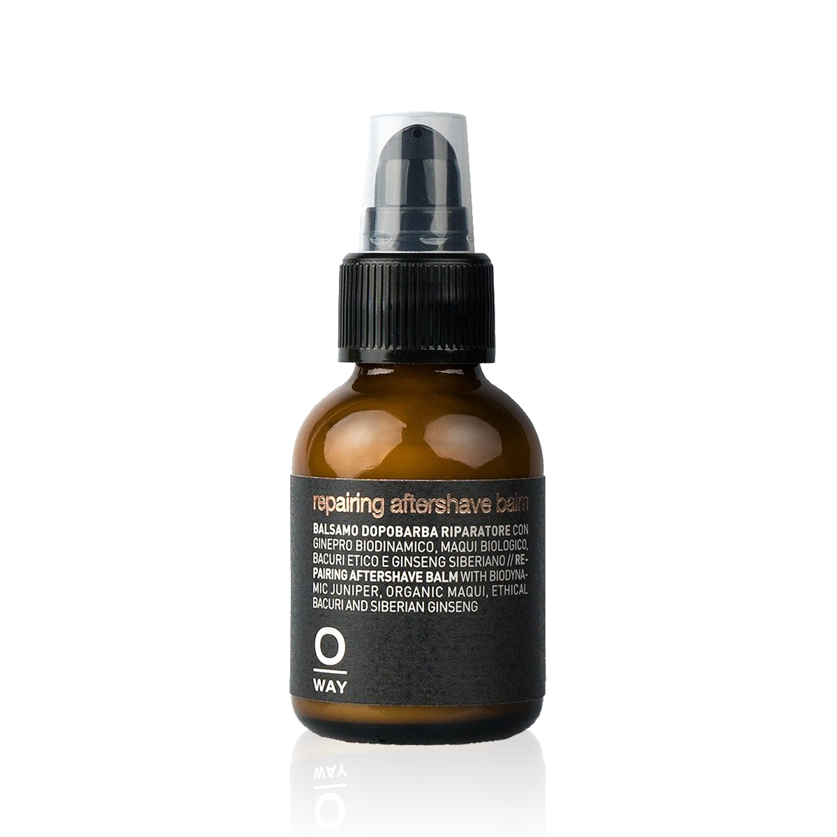 Oway Repairing Aftershave Balm 50ml amber glass bottle with a black pump