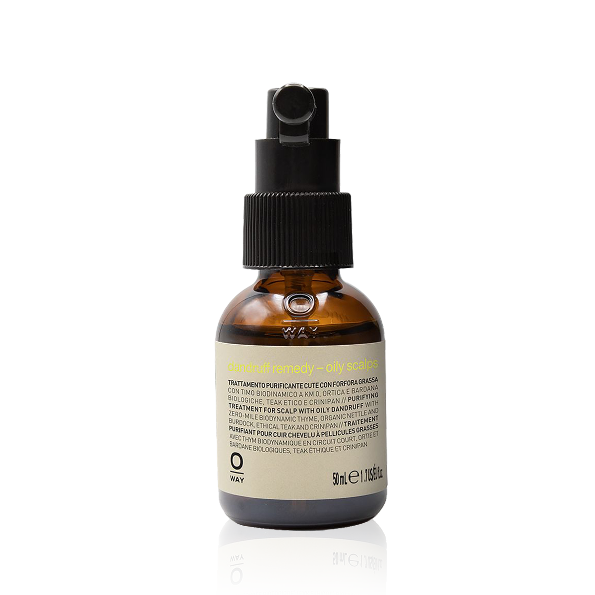 Oway Dandruff Remedy – Oily Scalp 50ml in an amber glass pump bottle