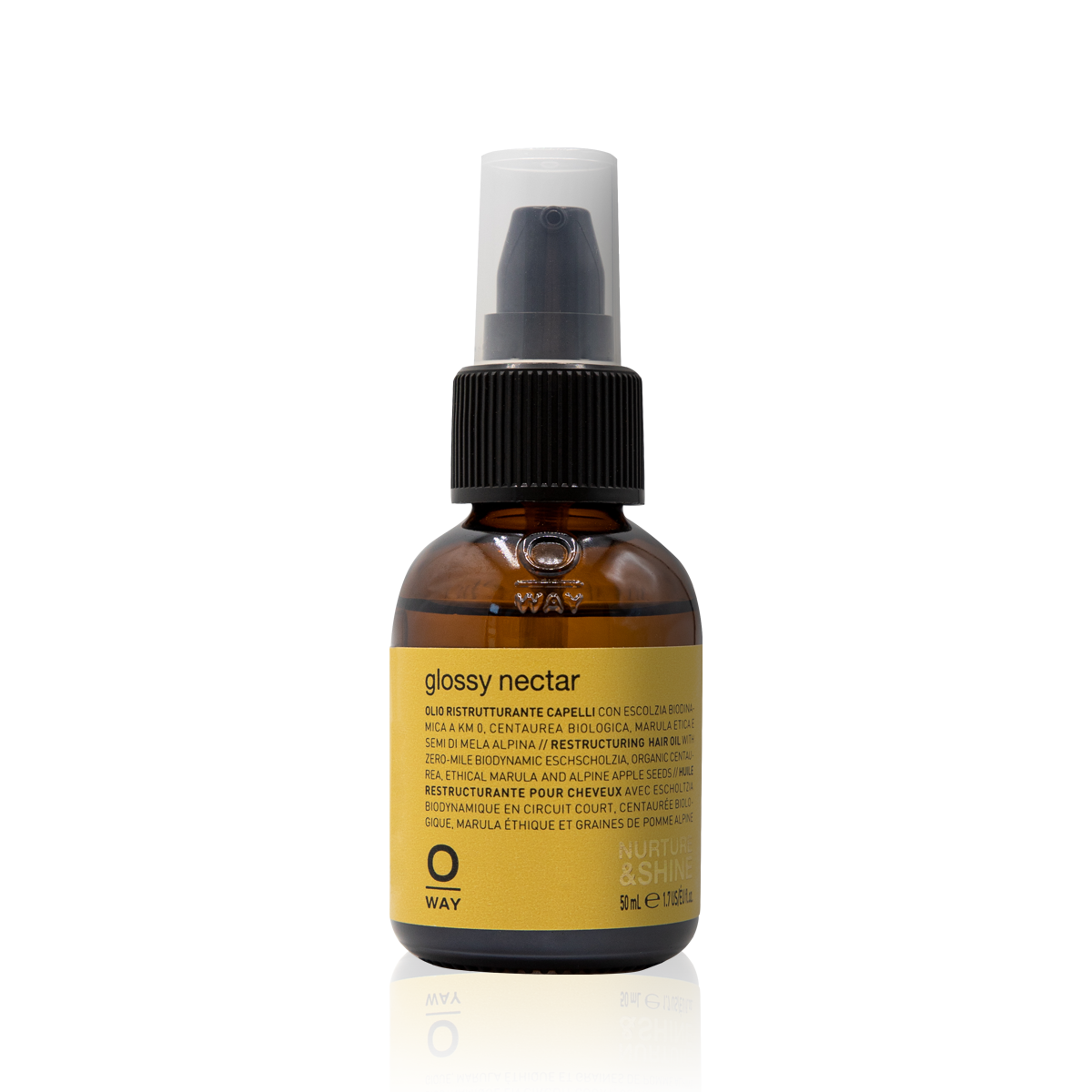Oway Glossy Nectar 50ml amber glass bottle with black pump and yellow label