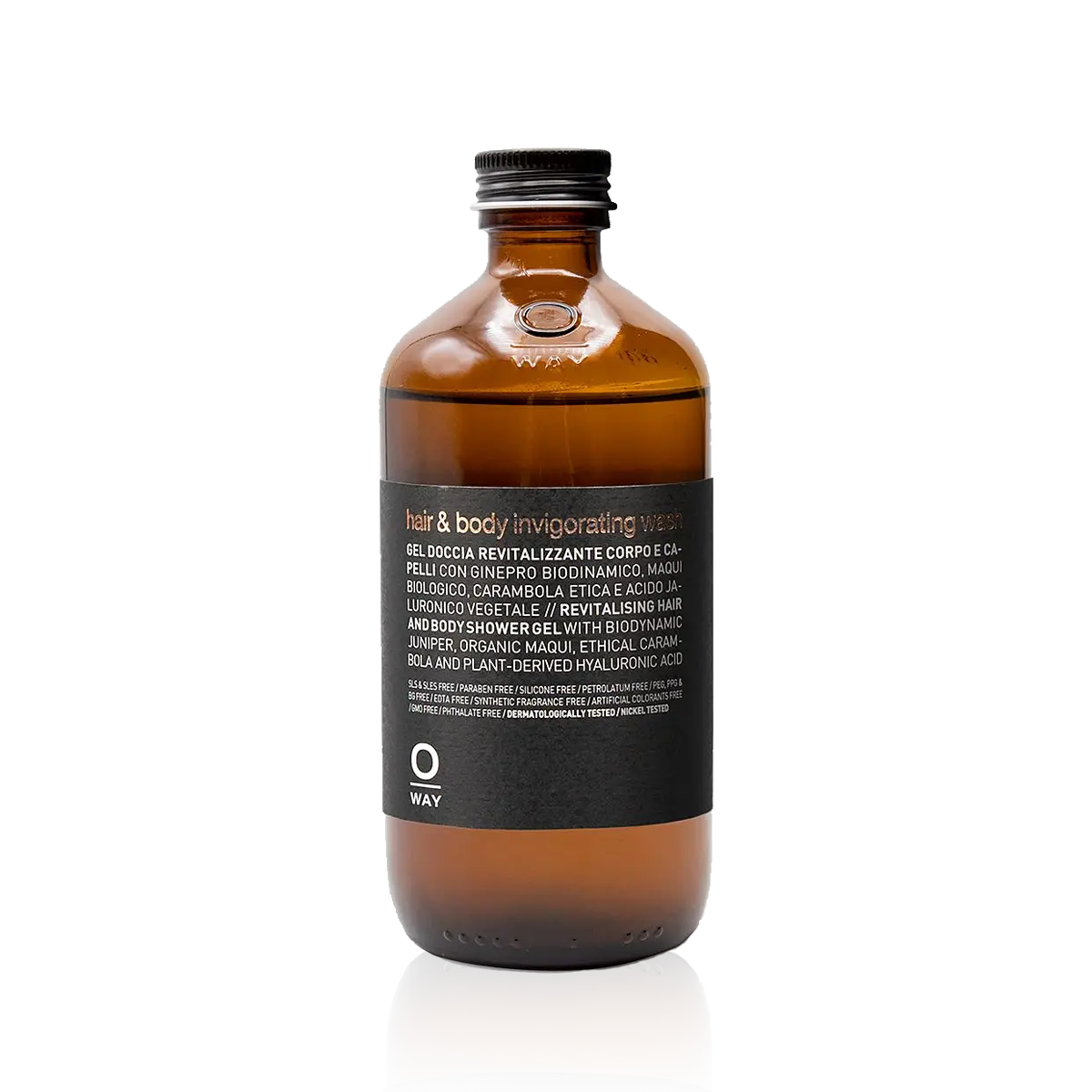 Oway Invigorating Hair & Body Wash 240ml amber glass bottle with a black label and screw cap
