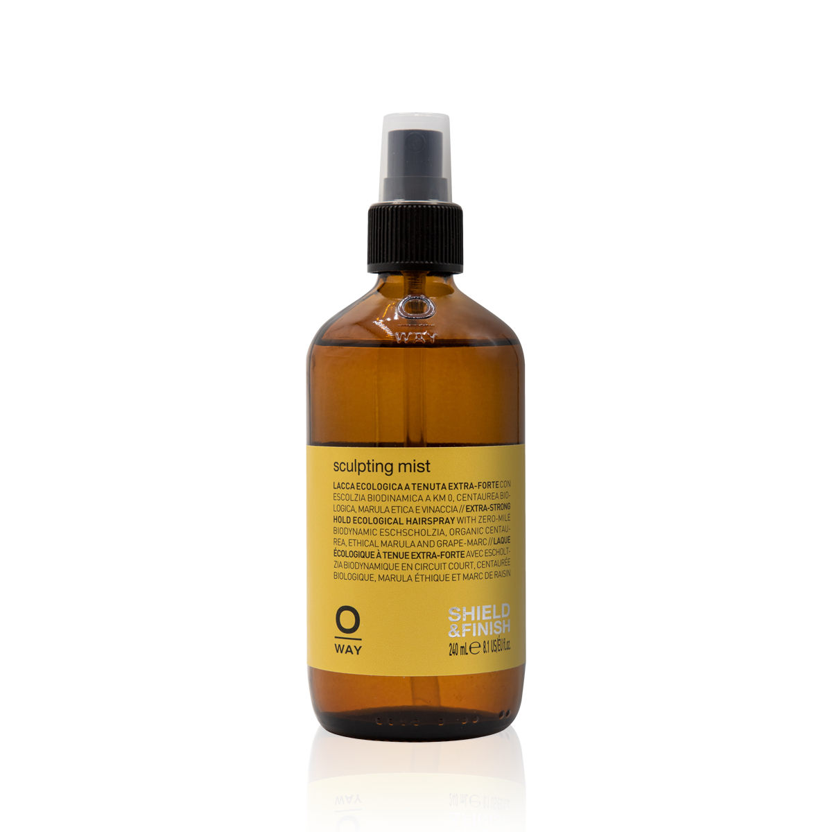 Oway Sculpting Mist 240ml extra-strong hold hair spray in an amber glass bottle
