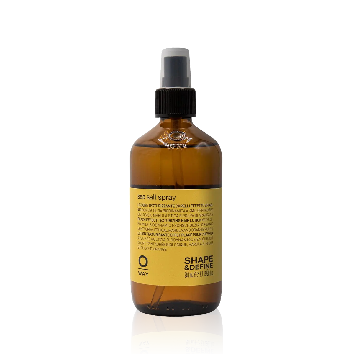 Oway Sea Salt Spray 240ml in an amber glass bottle with a yellow label and black spray pump