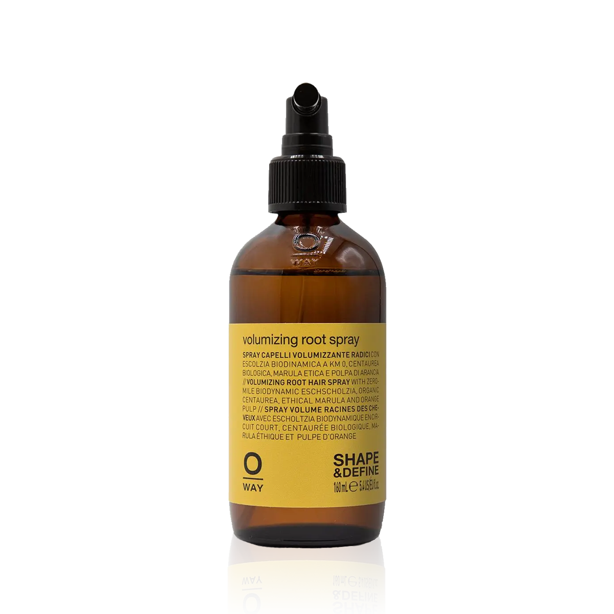 Oway Volumizing Root Spray 160ml in an amber glass bottle with a yellow label and black spray pump